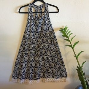 Navy + Cream Printed Tank Dress with Crochet Trim